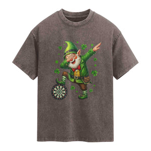 St Patricks Day Cheerful Gnome Dabbing Washed Cotton T-Shirt Darts Lover Gift