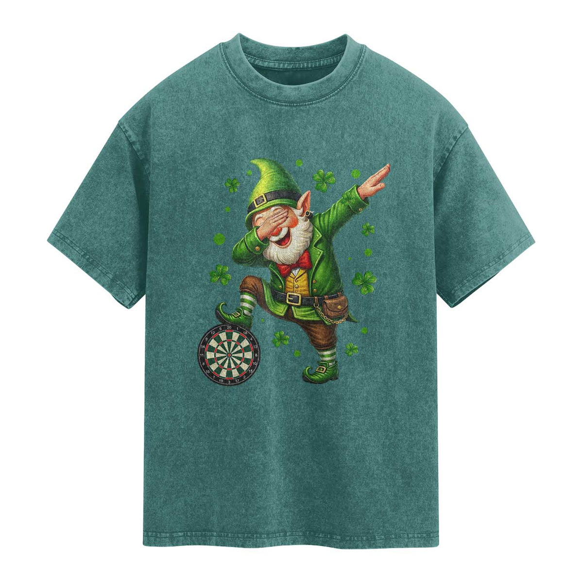 St Patricks Day Cheerful Gnome Dabbing Washed Cotton T-Shirt Darts Lover Gift