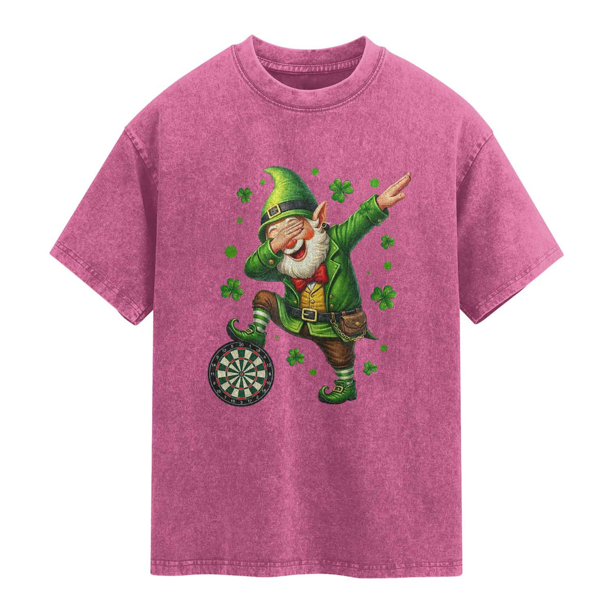 St Patricks Day Cheerful Gnome Dabbing Washed Cotton T-Shirt Darts Lover Gift
