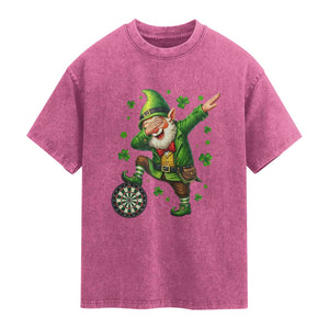 St Patricks Day Cheerful Gnome Dabbing Washed Cotton T-Shirt Darts Lover Gift