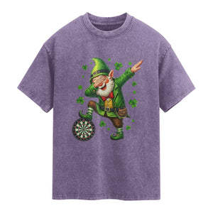 St Patricks Day Cheerful Gnome Dabbing Washed Cotton T-Shirt Darts Lover Gift