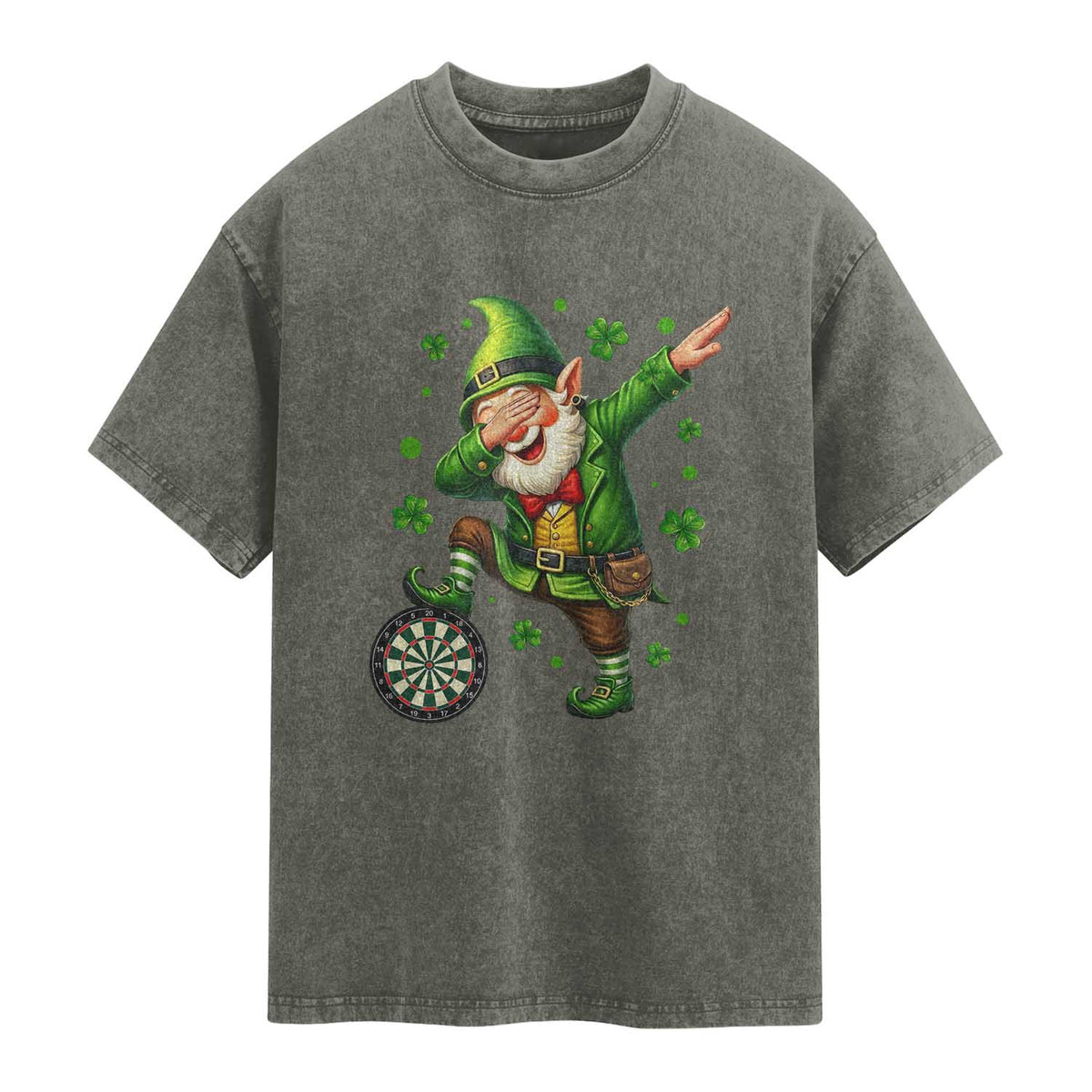 St Patricks Day Cheerful Gnome Dabbing Washed Cotton T-Shirt Darts Lover Gift