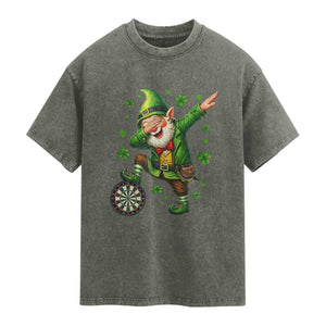 St Patricks Day Cheerful Gnome Dabbing Washed Cotton T-Shirt Darts Lover Gift
