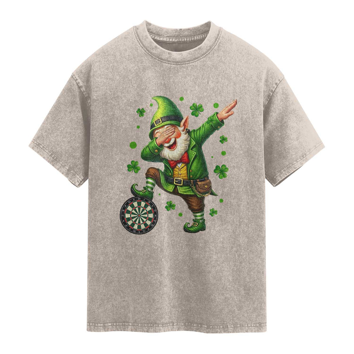 St Patricks Day Cheerful Gnome Dabbing Washed Cotton T-Shirt Darts Lover Gift
