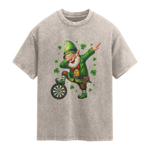 St Patricks Day Cheerful Gnome Dabbing Washed Cotton T-Shirt Darts Lover Gift