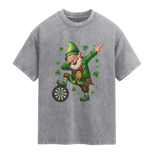 St Patricks Day Cheerful Gnome Dabbing Washed Cotton T-Shirt Darts Lover Gift
