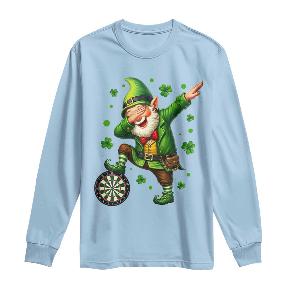 St Patricks Day Cheerful Gnome Dabbing Long Sleeve Shirt Darts Lover Gift TS12 Light Blue Print Your Wear