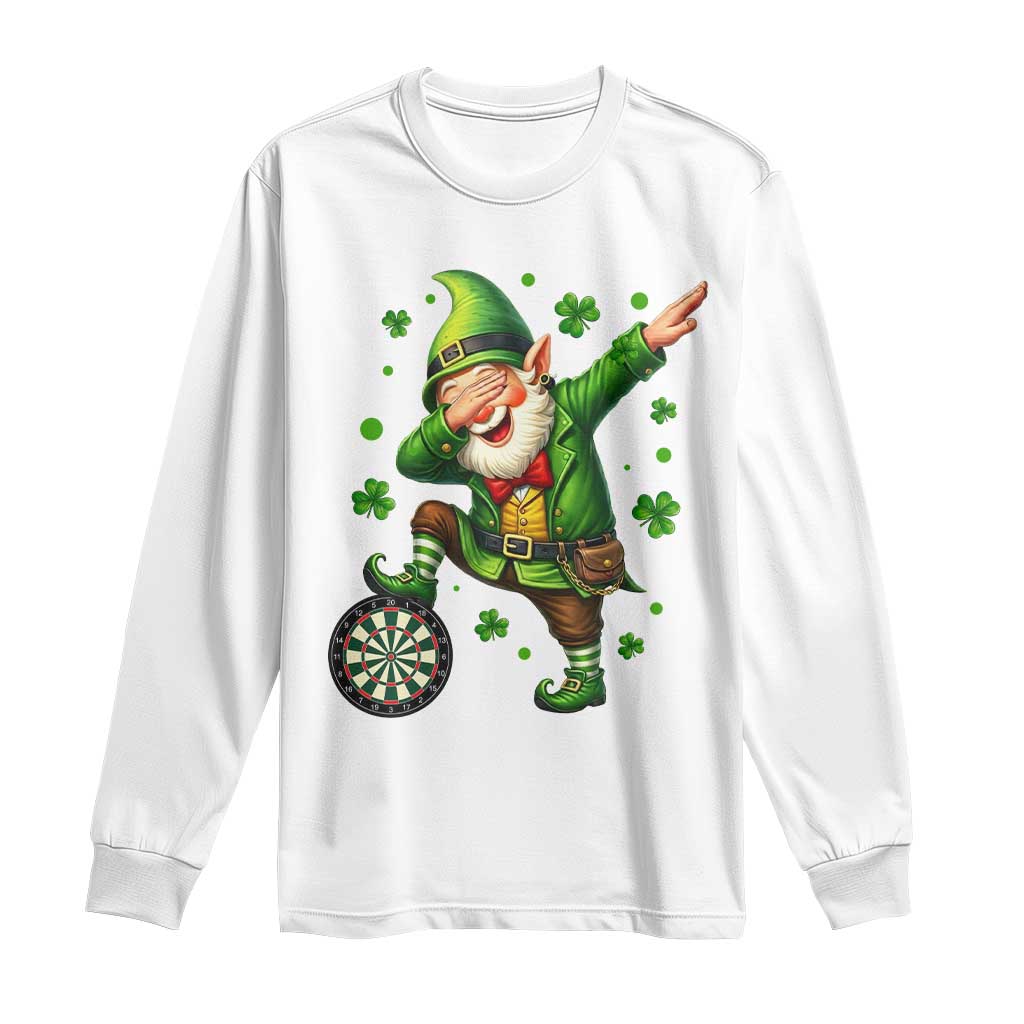 St Patricks Day Cheerful Gnome Dabbing Long Sleeve Shirt Darts Lover Gift TS12 White Print Your Wear