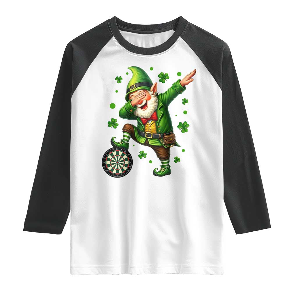 St Patricks Day Cheerful Gnome Dabbing Raglan Shirt Darts Lover Gift TS12 White Black Print Your Wear