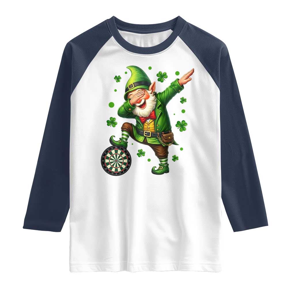 St Patricks Day Cheerful Gnome Dabbing Raglan Shirt Darts Lover Gift TS12 White Navy Print Your Wear