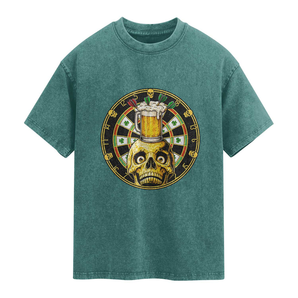Funny St Patricks Day Skull Washed Cotton T-Shirt Darts Player Gift