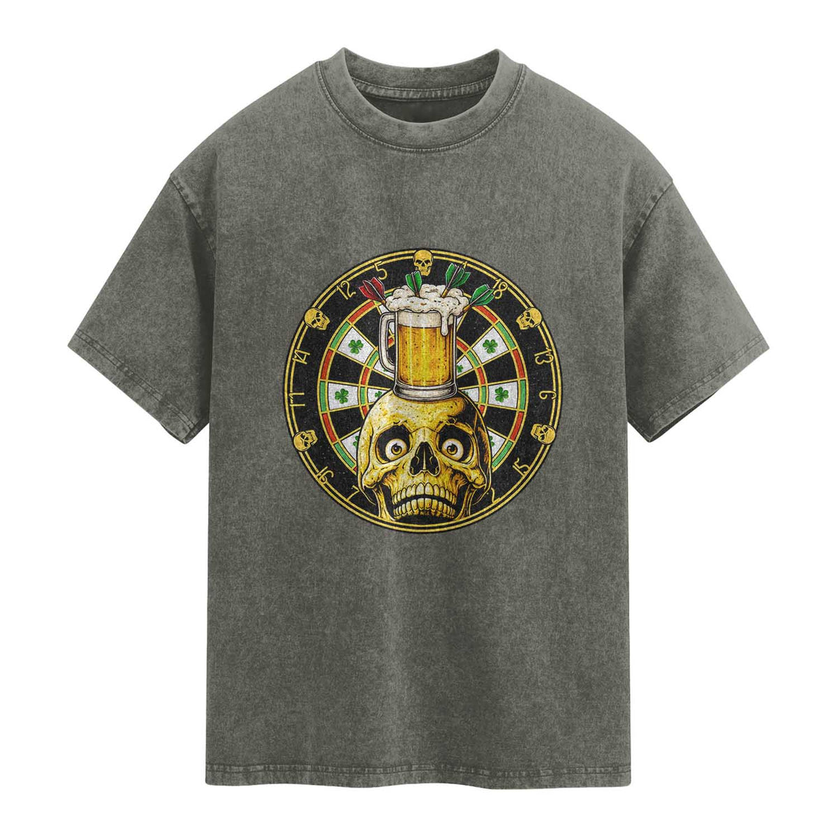 Funny St Patricks Day Skull Washed Cotton T-Shirt Darts Player Gift