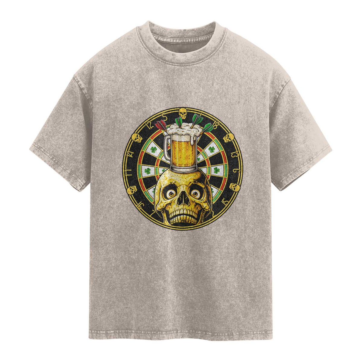 Funny St Patricks Day Skull Washed Cotton T-Shirt Darts Player Gift