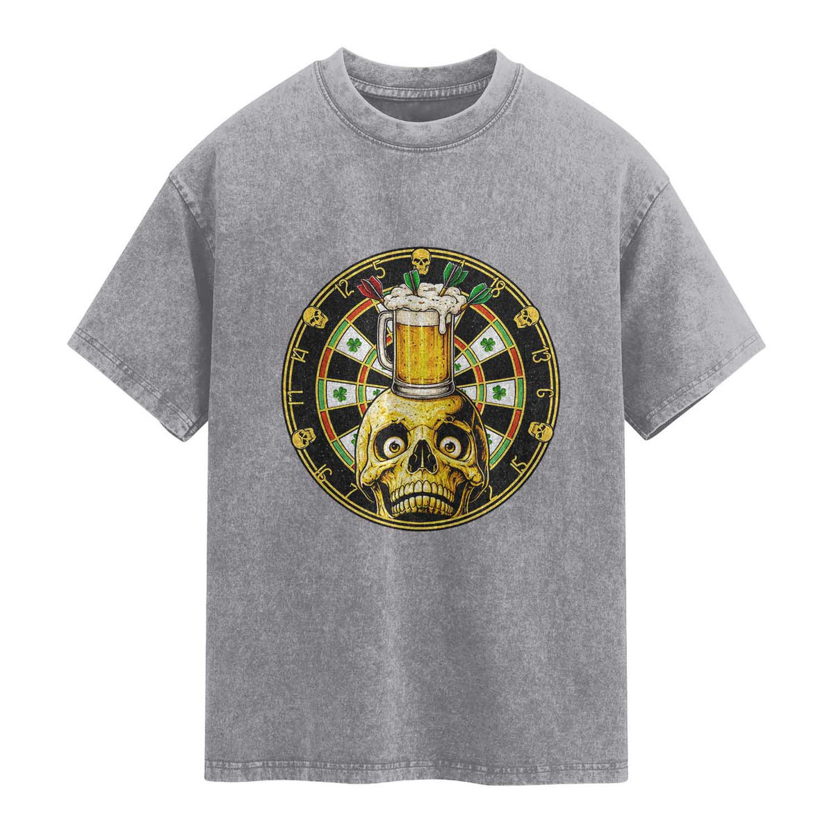 Funny St Patricks Day Skull Washed Cotton T-Shirt Darts Player Gift