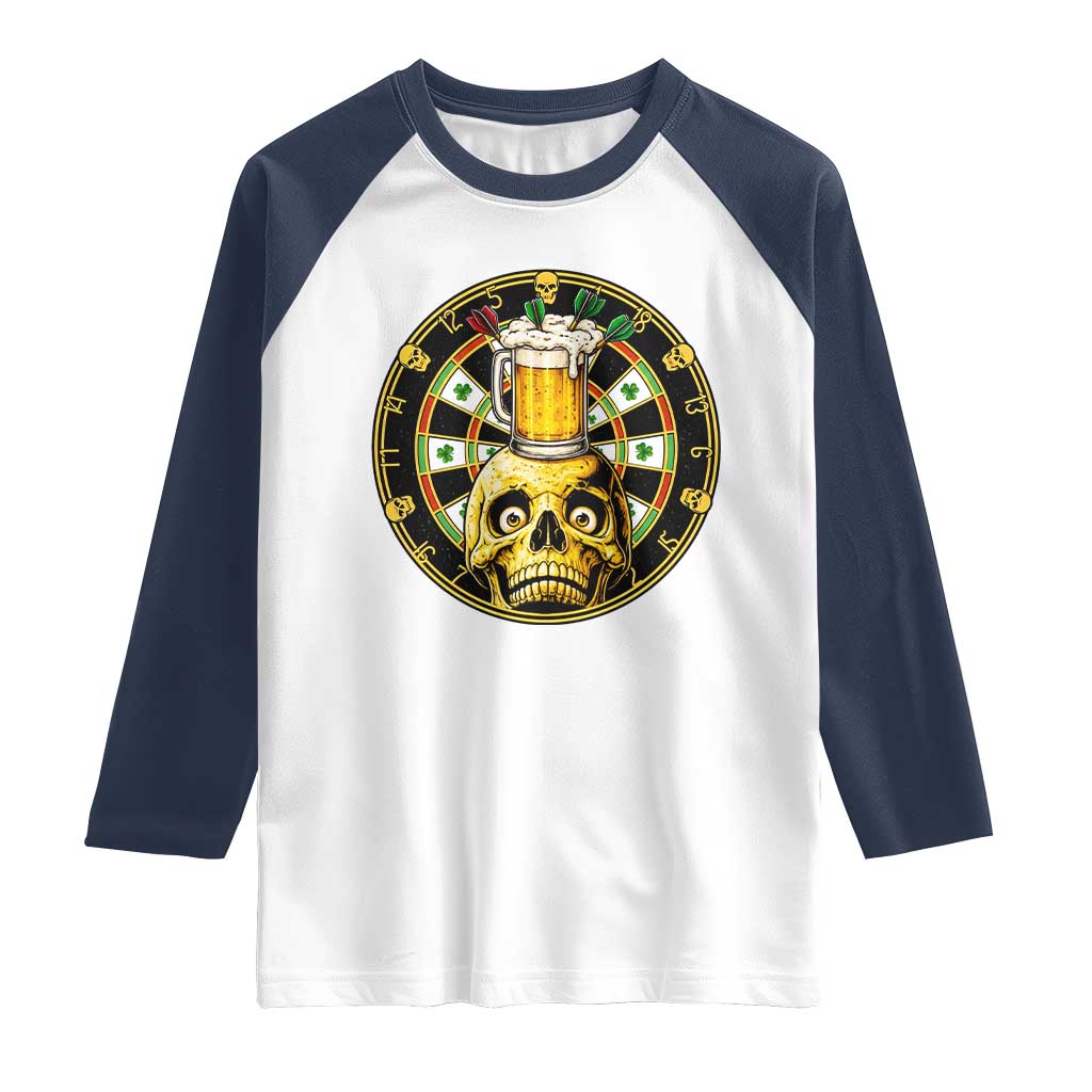 Funny St Patricks Day Skull Raglan Shirt Darts Player Gift TS12 White Navy Print Your Wear