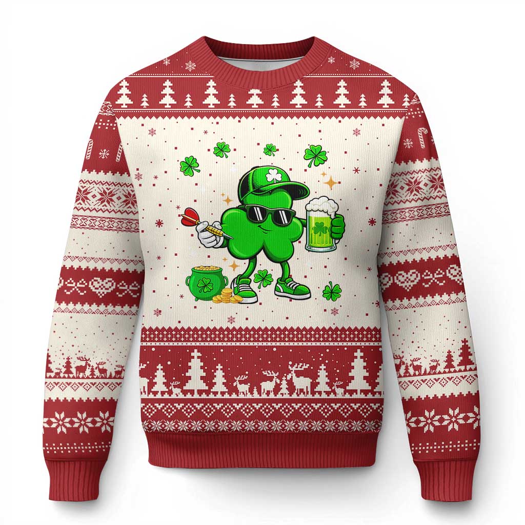 St Patricks Day Shamrock Darts And Beer Lover Gift Ugly Christmas Sweater TS12 Beige Red Print Your Wear
