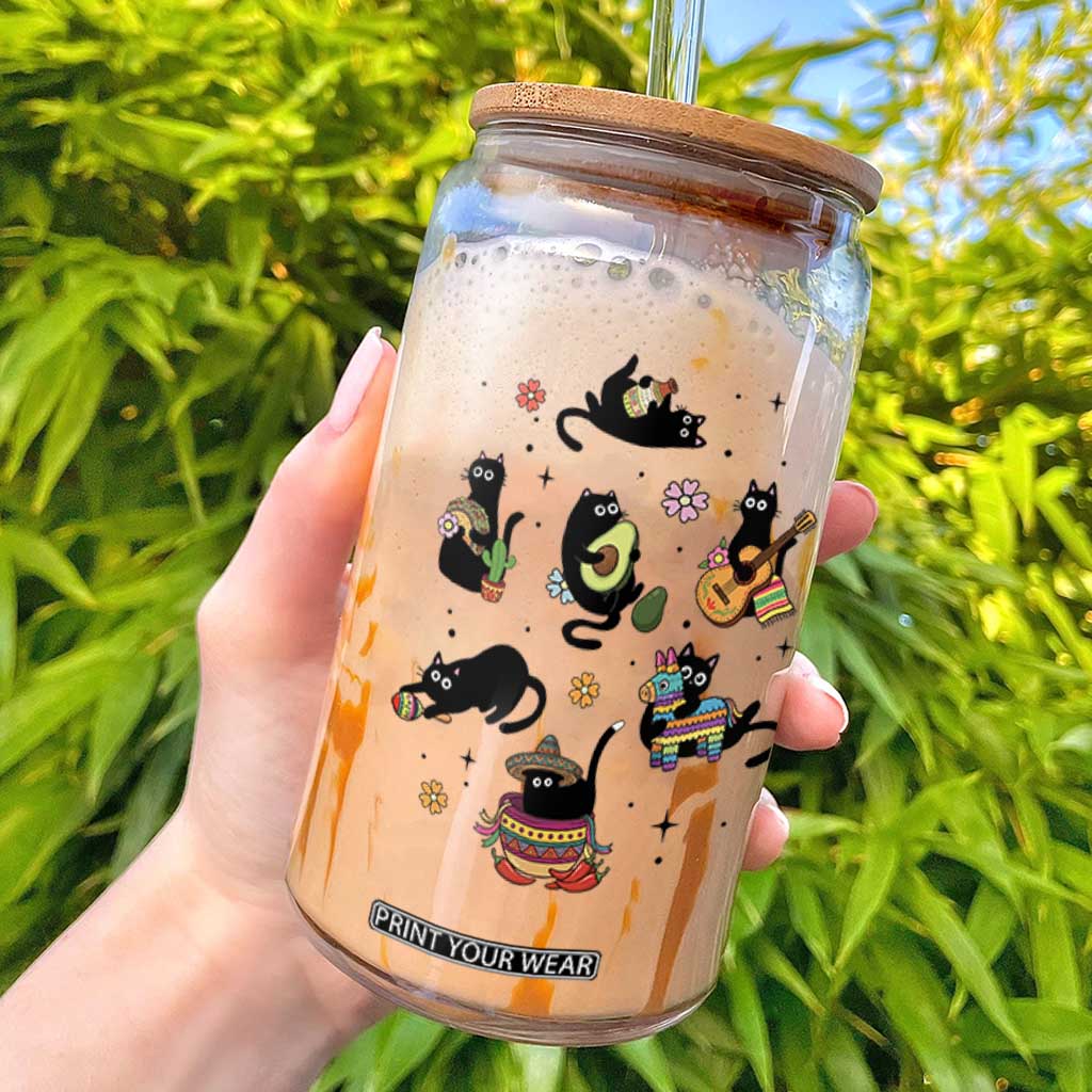 Funny Black Cat Lover Cinco De Mayo Glass Can Mexican Fiesta Gift TS12 White Print Your Wear
