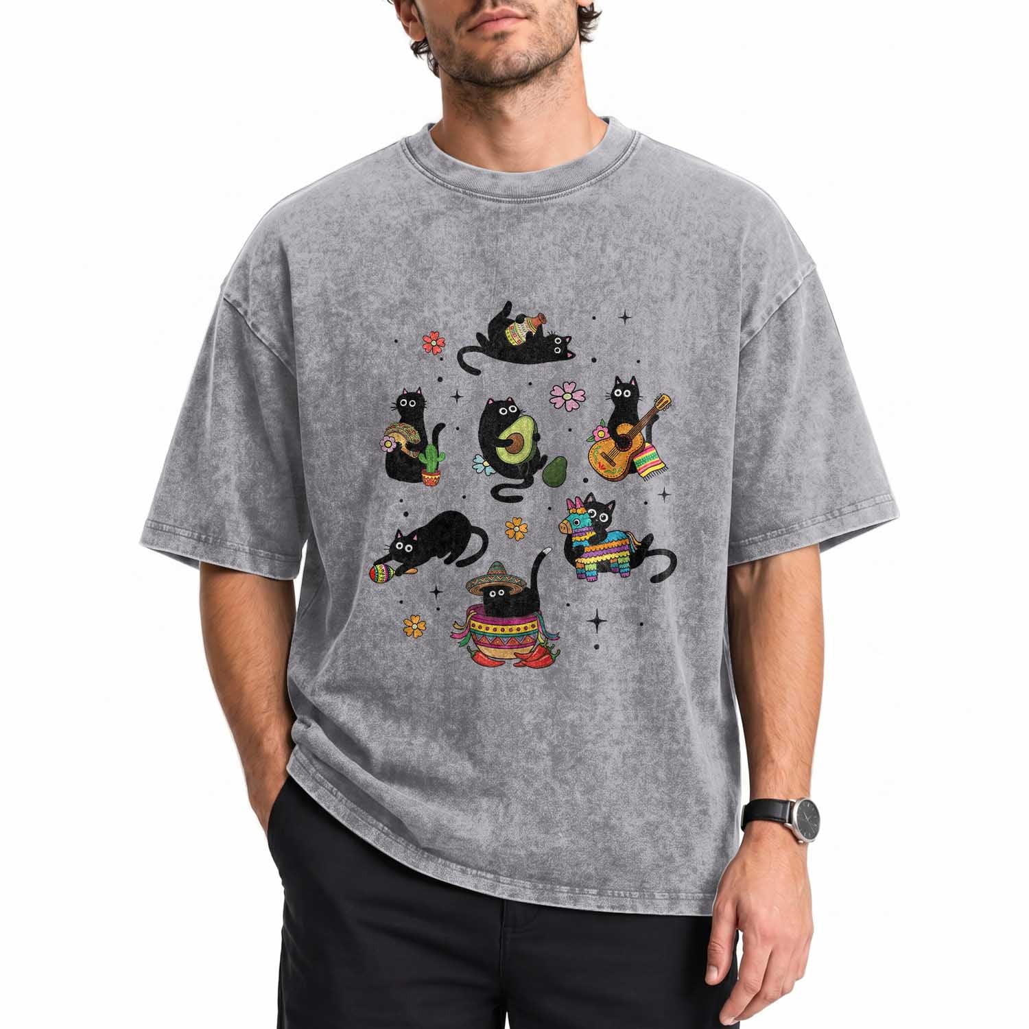 Funny Black Cat Lover Cinco De Mayo Washed Cotton T-Shirt Mexican Fiesta Gift