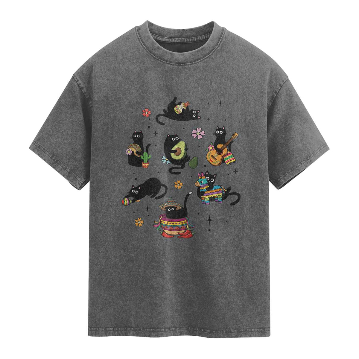 Funny Black Cat Lover Cinco De Mayo Washed Cotton T-Shirt Mexican Fiesta Gift