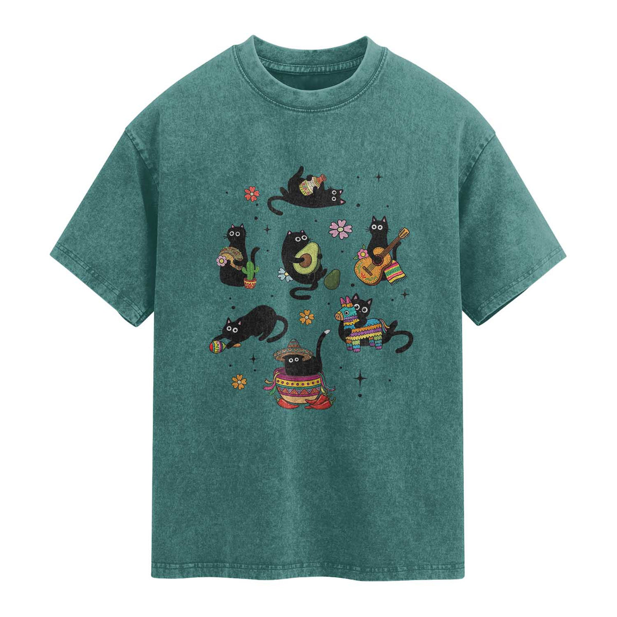 Funny Black Cat Lover Cinco De Mayo Washed Cotton T-Shirt Mexican Fiesta Gift