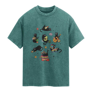 Funny Black Cat Lover Cinco De Mayo Washed Cotton T-Shirt Mexican Fiesta Gift