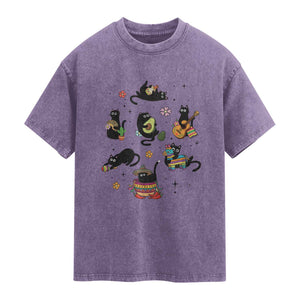 Funny Black Cat Lover Cinco De Mayo Washed Cotton T-Shirt Mexican Fiesta Gift