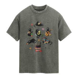 Funny Black Cat Lover Cinco De Mayo Washed Cotton T-Shirt Mexican Fiesta Gift