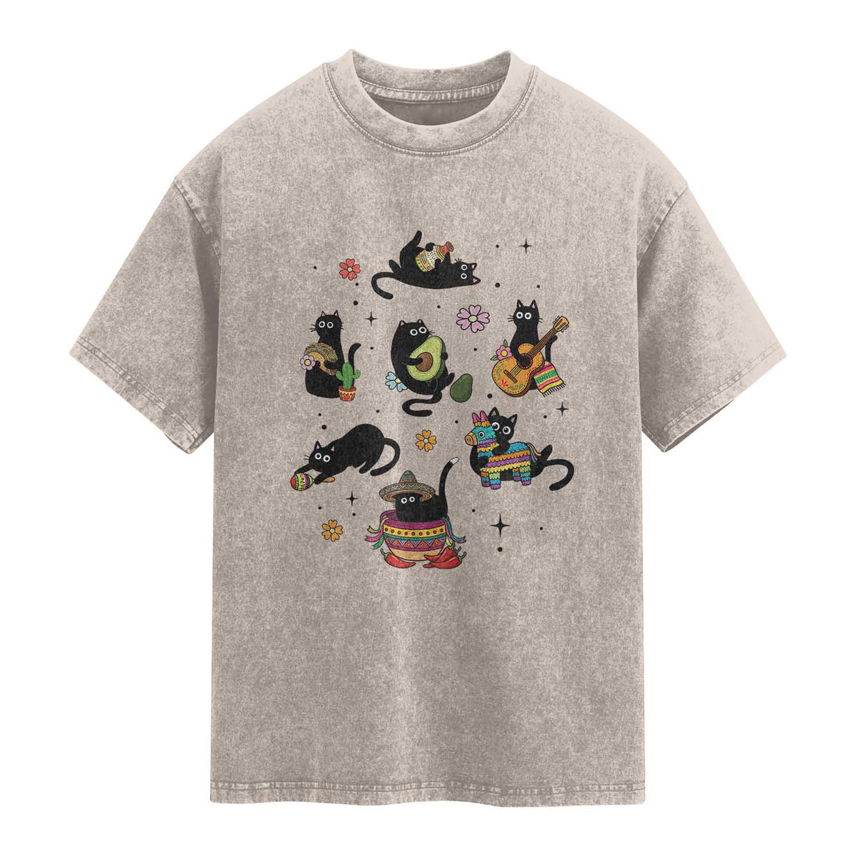 Funny Black Cat Lover Cinco De Mayo Washed Cotton T-Shirt Mexican Fiesta Gift