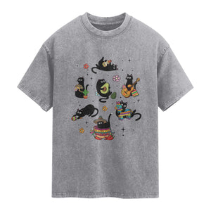 Funny Black Cat Lover Cinco De Mayo Washed Cotton T-Shirt Mexican Fiesta Gift