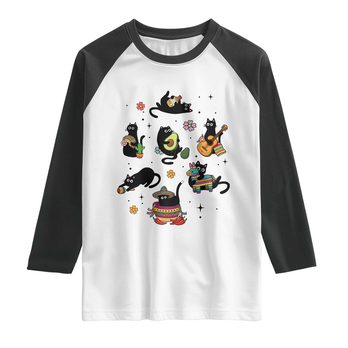 Funny Black Cat Lover Cinco De Mayo Raglan Shirt Mexican Fiesta Gift TS12 White Black Print Your Wear