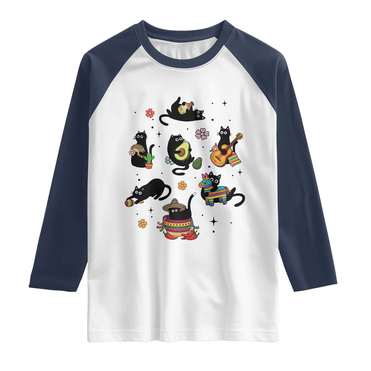 Funny Black Cat Lover Cinco De Mayo Raglan Shirt Mexican Fiesta Gift TS12 White Navy Print Your Wear