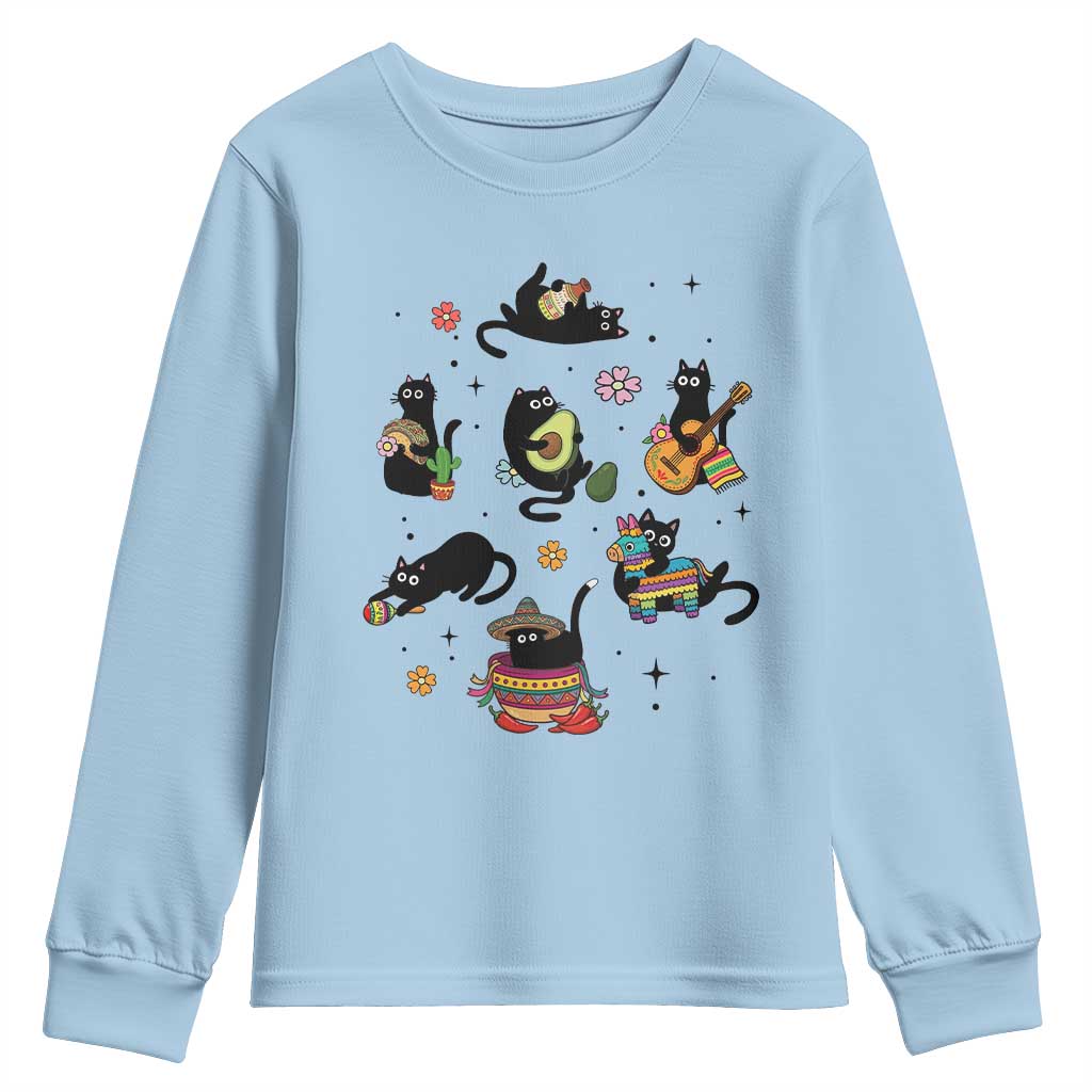 Funny Black Cat Lover Cinco De Mayo Youth Sweatshirt Mexican Fiesta Gift TS12 Light Blue Print Your Wear