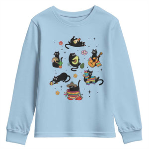 Funny Black Cat Lover Cinco De Mayo Youth Sweatshirt Mexican Fiesta Gift TS12 Light Blue Print Your Wear