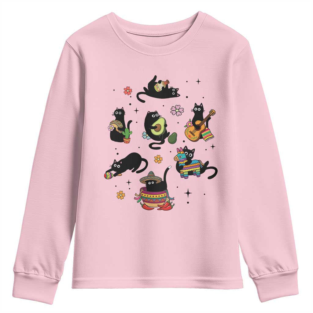 Funny Black Cat Lover Cinco De Mayo Youth Sweatshirt Mexican Fiesta Gift TS12 Light Pink Print Your Wear