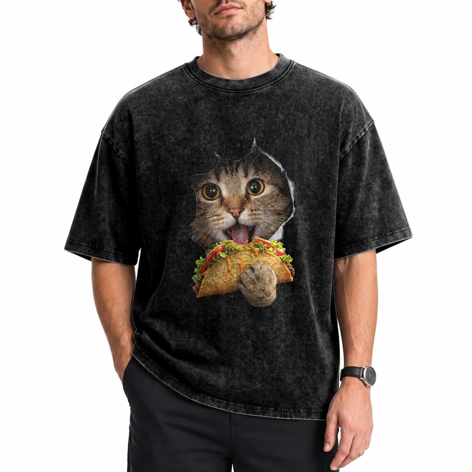 Funny Cat Eating Taco Washed Cotton T-Shirt Mexican Food Lover Gift