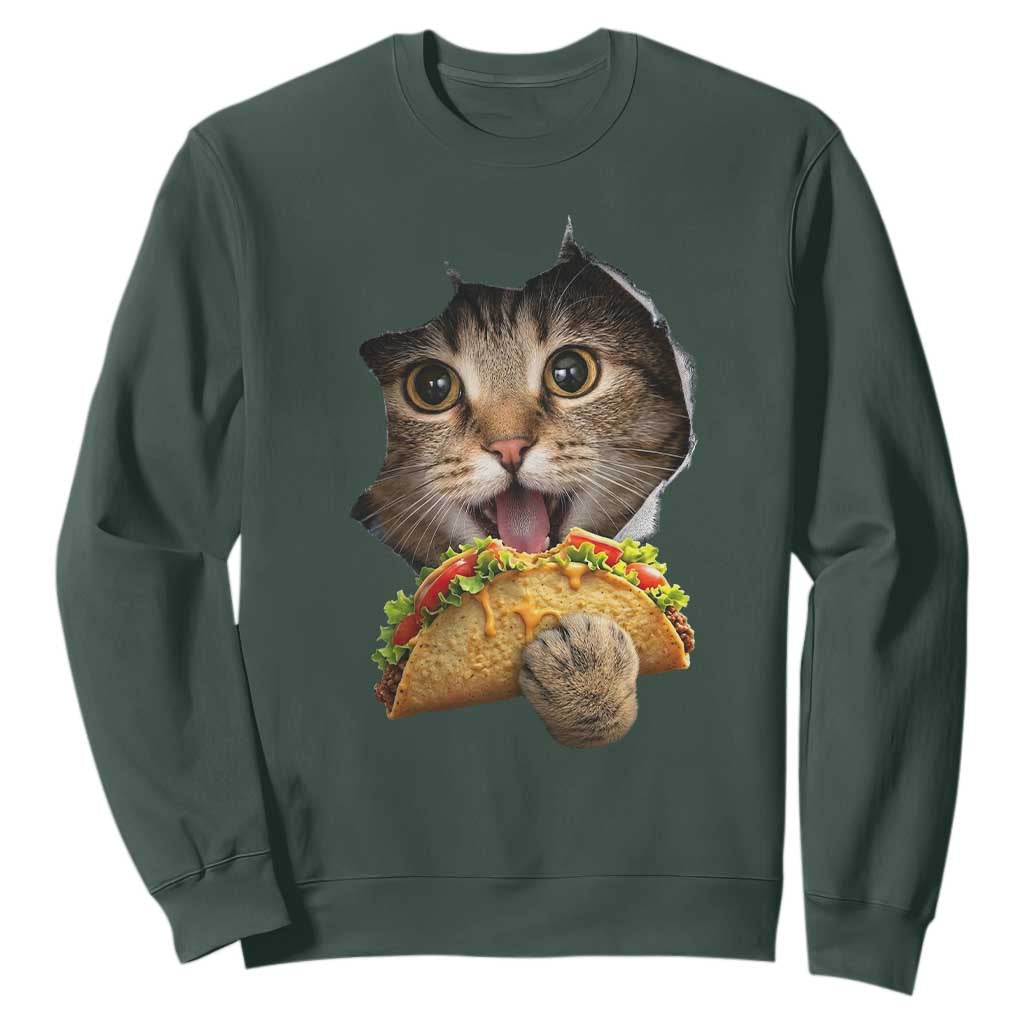 Funny Cat Eating Taco Sweatshirt Mexican Food Lover Gift TS12 Dark Forest Green Print Your Wear