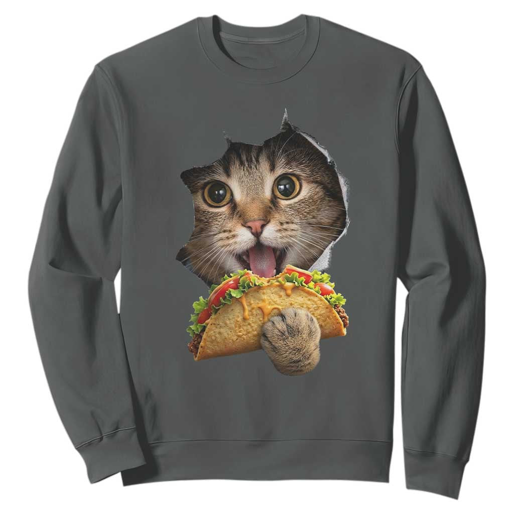 Funny Cat Eating Taco Sweatshirt Mexican Food Lover Gift TS12 Dark Heather Print Your Wear