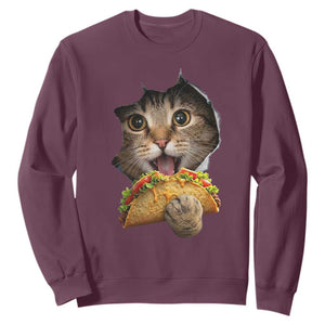 Funny Cat Eating Taco Sweatshirt Mexican Food Lover Gift TS12 Maroon Print Your Wear