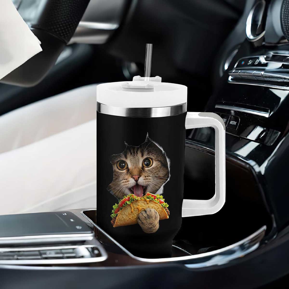 Funny Cat Eating Taco Tumbler With Handle Mexican Food Lover Gift TS12 Print Your Wear