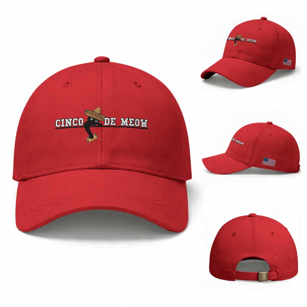 Funny Cinco De Meow Baseball Cap Cute Black Cat Eating Taco TS12 Baseball Cap Universal Fit Red Print Your Wear