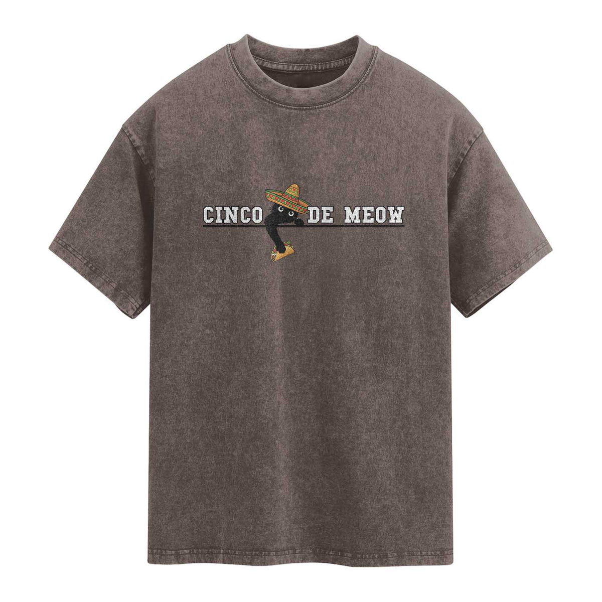 Funny Cinco De Meow Washed Cotton T-Shirt Cute Black Cat Eating Taco