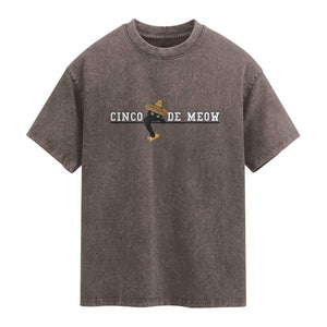 Funny Cinco De Meow Washed Cotton T-Shirt Cute Black Cat Eating Taco