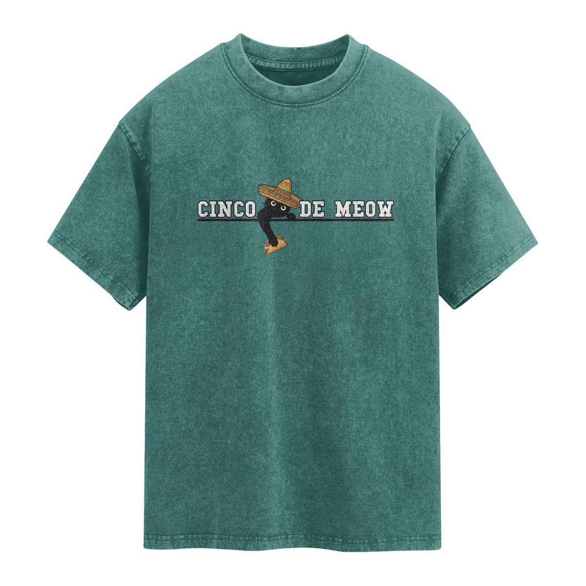 Funny Cinco De Meow Washed Cotton T-Shirt Cute Black Cat Eating Taco