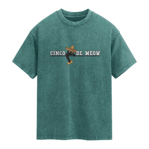 Funny Cinco De Meow Washed Cotton T-Shirt Cute Black Cat Eating Taco