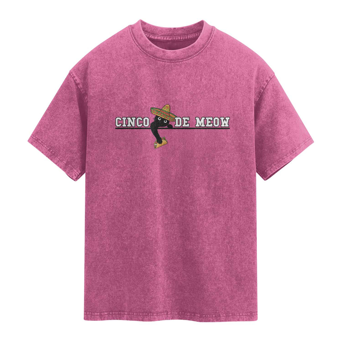 Funny Cinco De Meow Washed Cotton T-Shirt Cute Black Cat Eating Taco