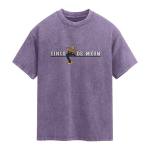 Funny Cinco De Meow Washed Cotton T-Shirt Cute Black Cat Eating Taco