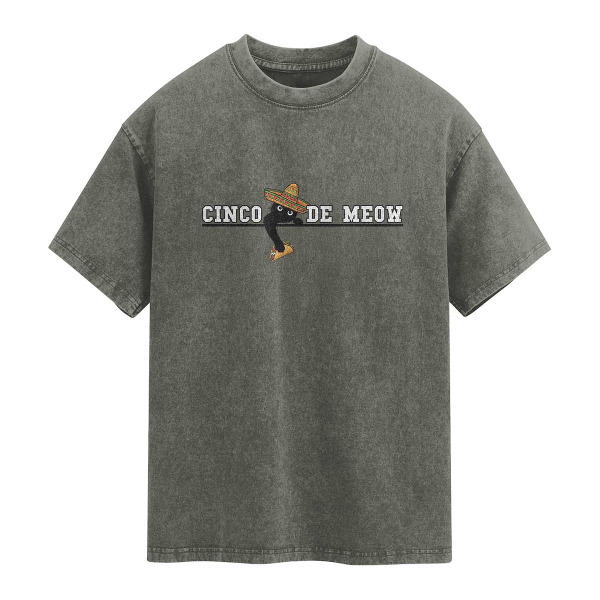 Funny Cinco De Meow Washed Cotton T-Shirt Cute Black Cat Eating Taco