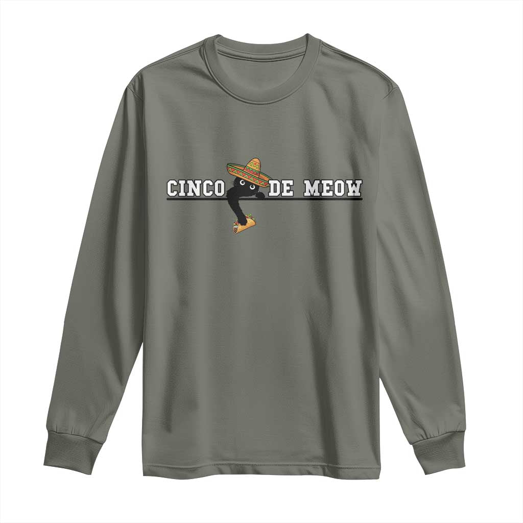 Funny Cinco De Meow Long Sleeve Shirt Cute Black Cat Eating Taco TS12 Military Green Print Your Wear