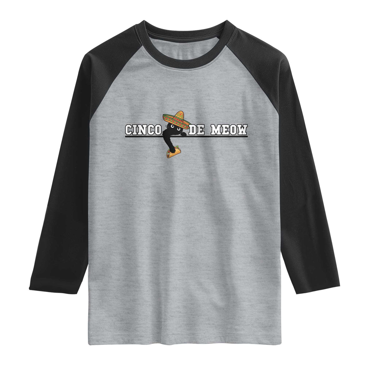 Funny Cinco De Meow Raglan Shirt Cute Black Cat Eating Taco TS12 Heather Gray Black Print Your Wear