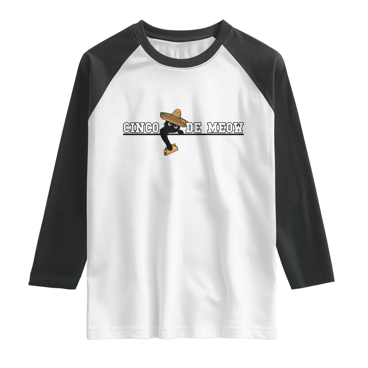 Funny Cinco De Meow Raglan Shirt Cute Black Cat Eating Taco TS12 White Black Print Your Wear